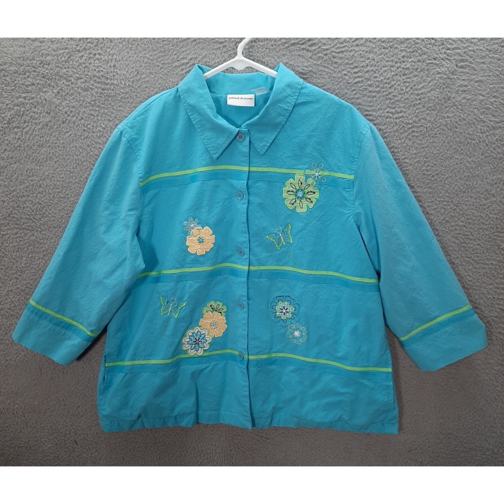 Alfred Dunner Shirt Womens 20 Blue Embroidered‎ Floral Coastal Nautical Mature